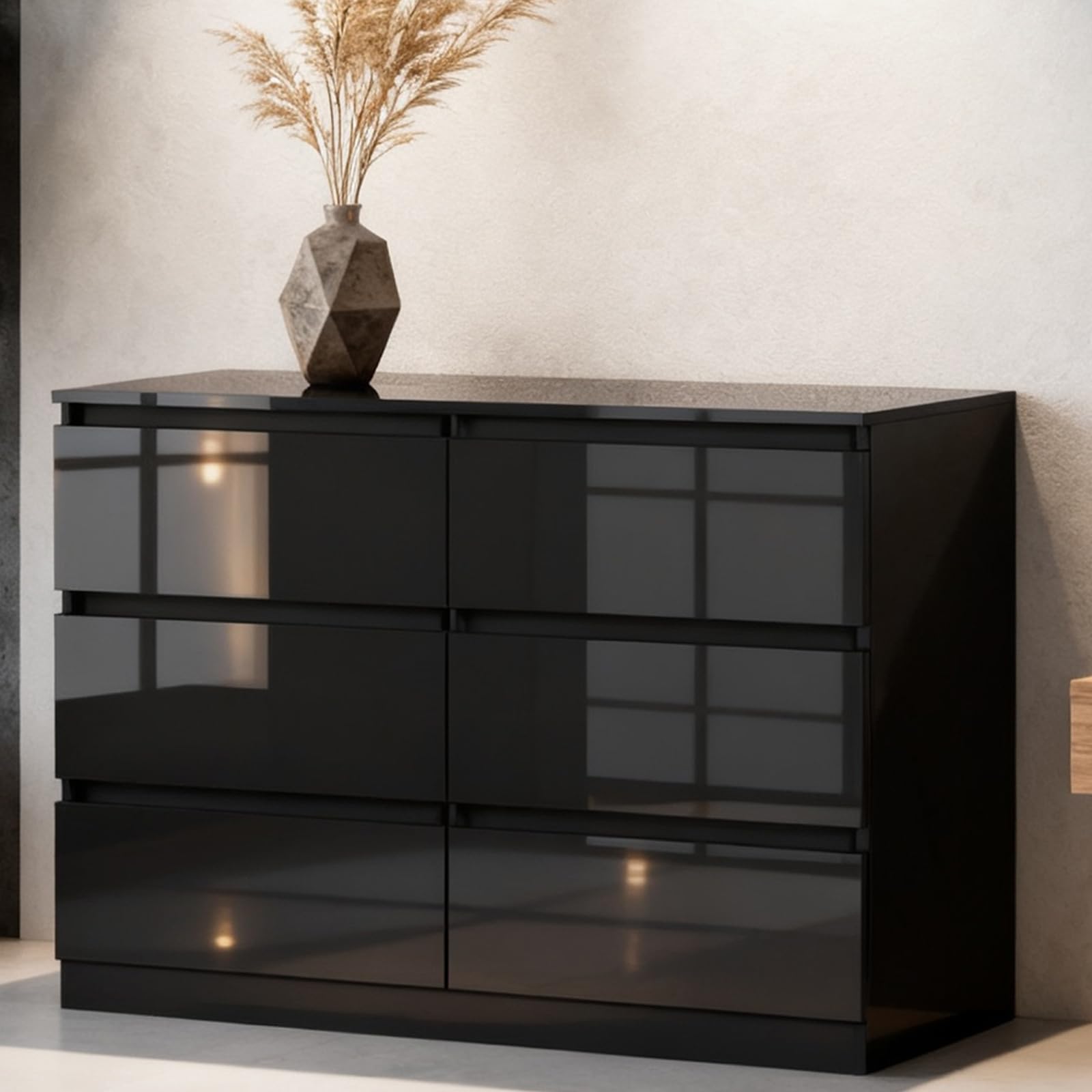 TRIOBLADE High Gloss Chest of Drawers 6/7/8 Drawers Modern Wooden Storage Unit No Handle with Metal Runners Bedside Table Cabinet for Bedroom Living Room Hallway (Black, 6 Drawer Chest of Drawers)