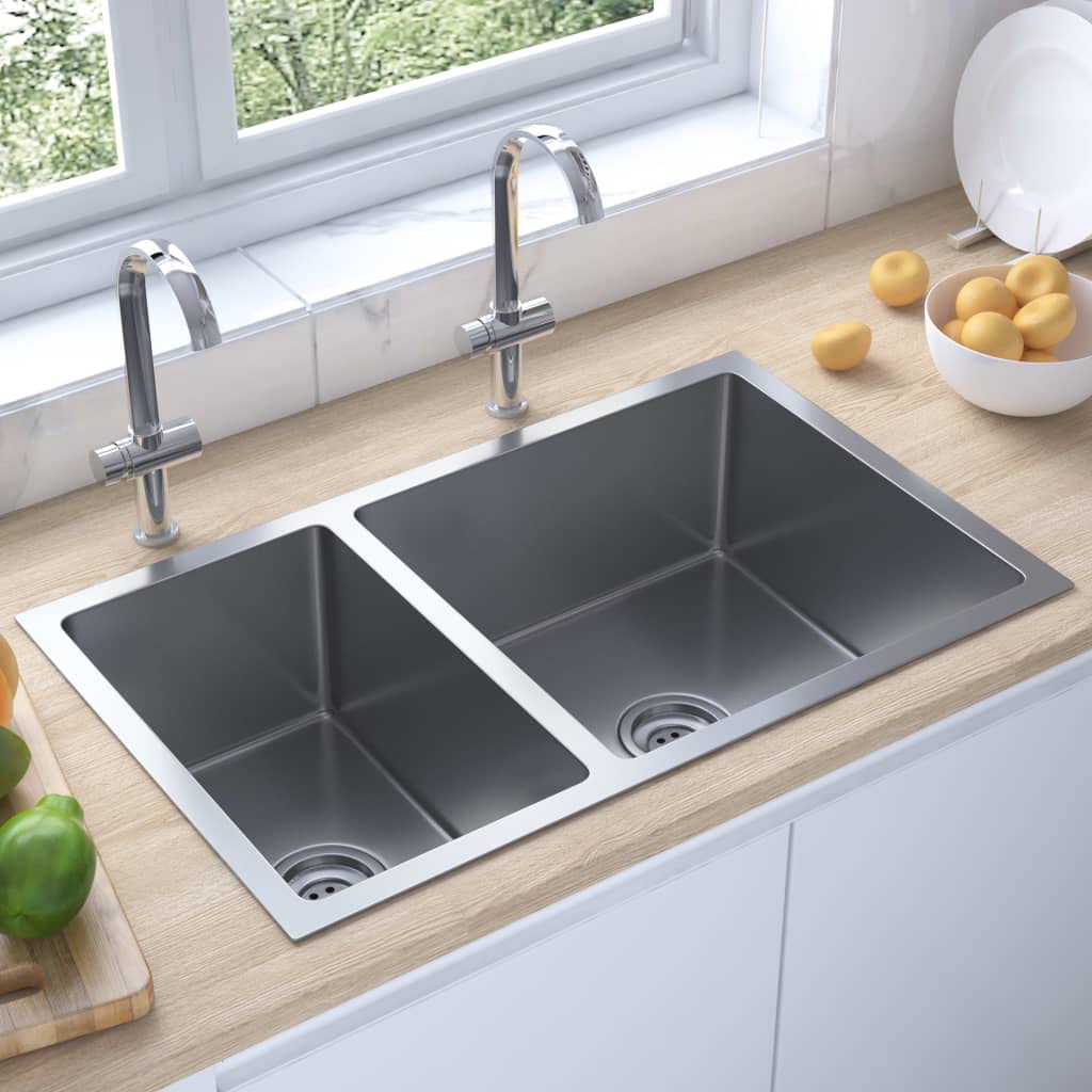 vidaXL Küchenspüle mit Abtropfset Einbauspüle Spülbecken Spüle Edelstahlspüle Ablaufgarnitur Küche Oberhalb Unterhalb Edelstahl 71,5x44x20cm