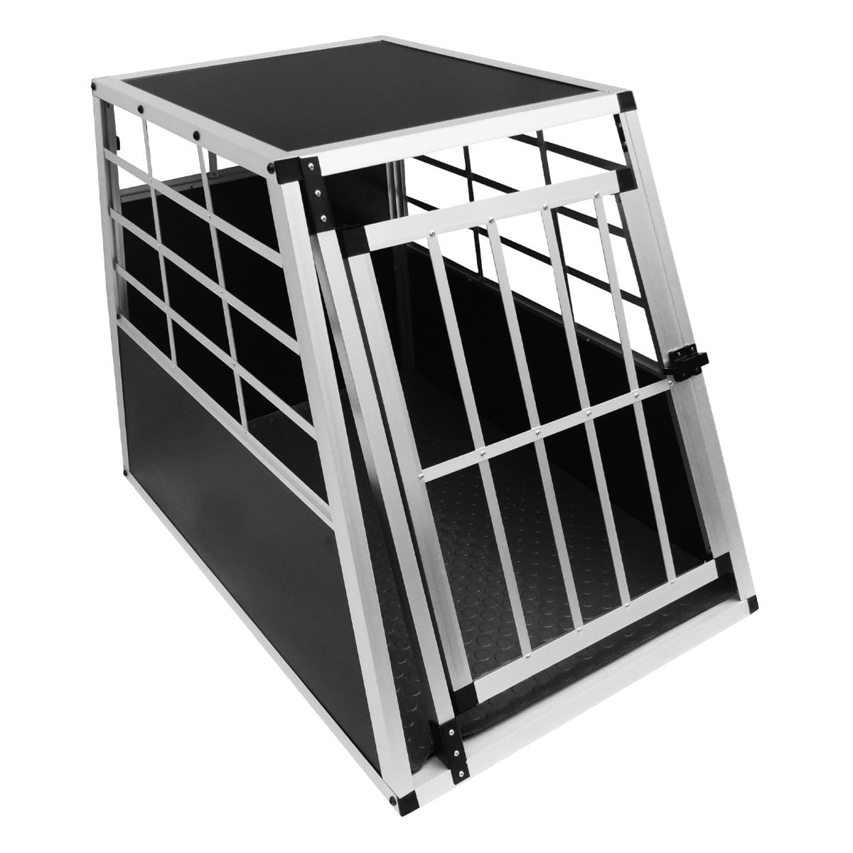 Monster Shop Gabbia Trasporto Cane per Auto in Alluminio Trapezoidale Grande, Porta con Chiusura, Tappetino Lavabile Incluso, Nero/Argento, 69 x 65 x 90 cm