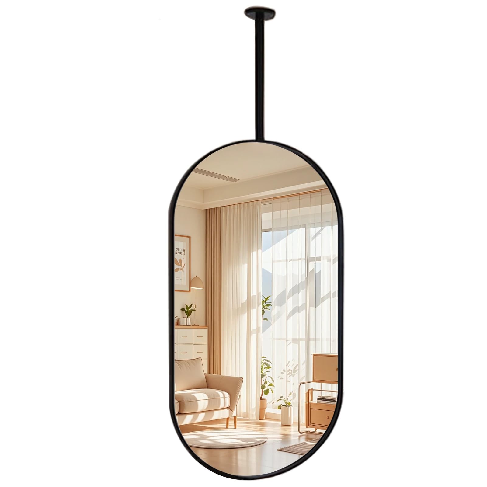 Czarne lustro montowane na suficie z metalowym prętem wiszącym, lustro dekoracyjne, lusterko do makijażu łazienkowego, lustro HD (50 cm x 100 cm)