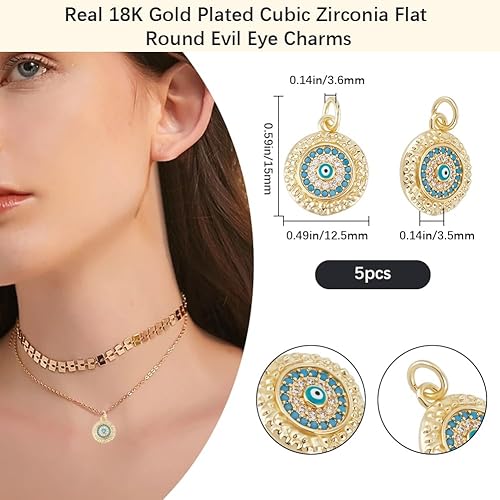 Miniatura 7 de Beebeecraft 1 caja 6 dijes de mal de ojo chapado en oro de 18 quilates redondos de protección turca con cristal de circonita cúbica azul colorido
