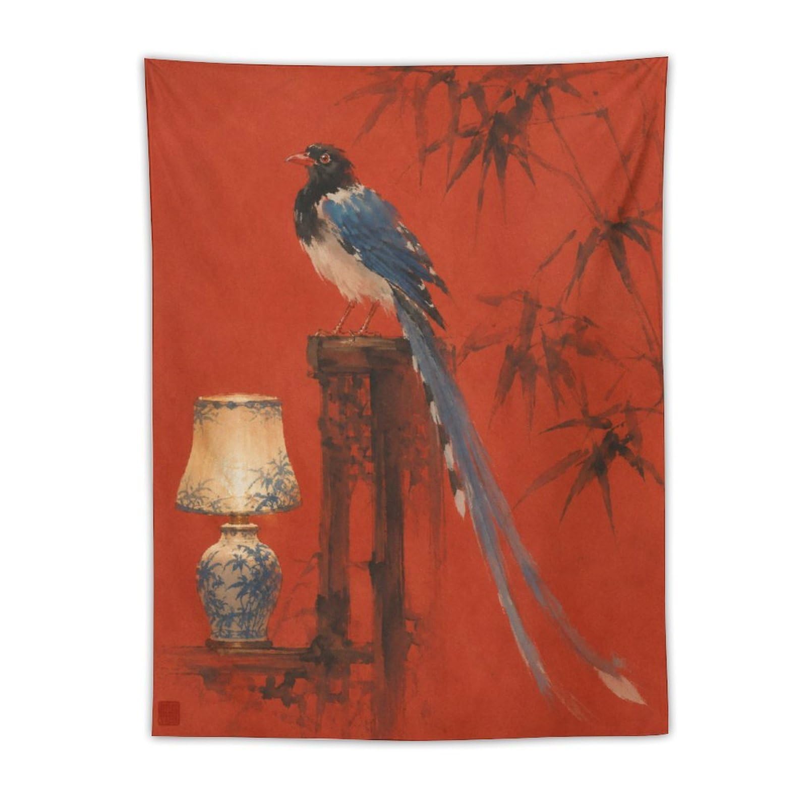 H3B8U2Y5 Blue Macaw on Lamp Wall Tapestry, Realistic Illustration, Bed