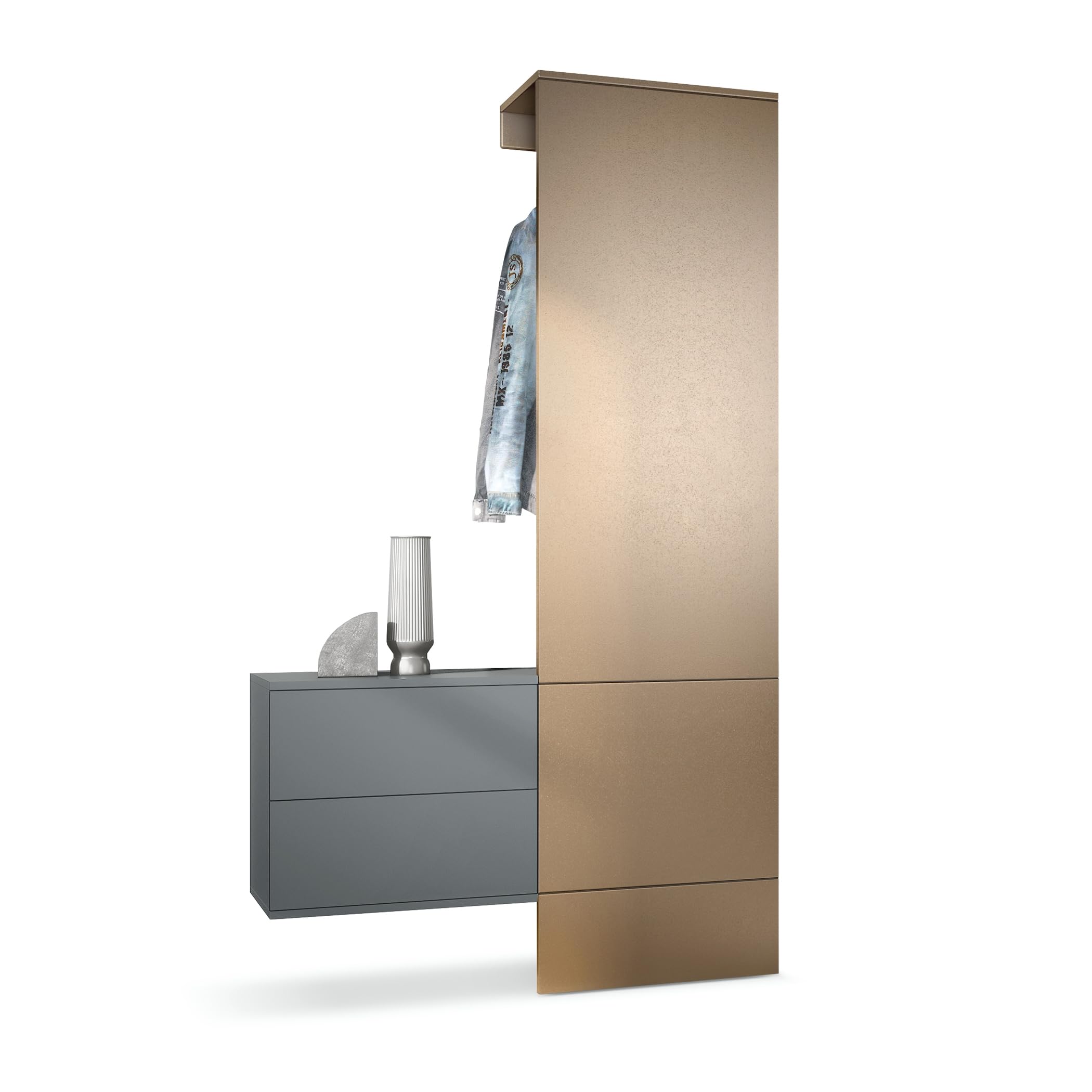 Vladon Garderobe Carlton Set 2, Made in Germany, Wandgarderobe aus Deko-Paneel & hängender Schubladen-Kommode, Anthrazit matt/Bronze Optik (105 x 193 x 35 cm)
