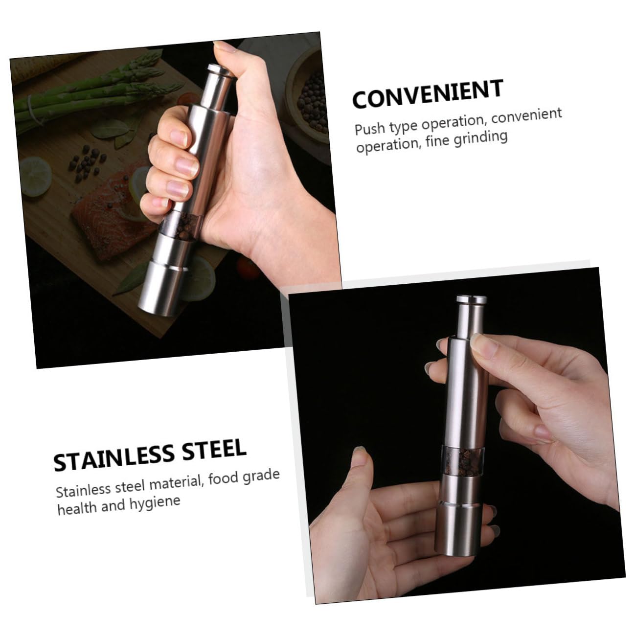 Handmühle für Schwarzen Pfeffer aus Edelstahl, Fein Mahlend, Silber | 1 Stück, für Kreuzkümmel und Weitere Lebensmittel Geeignet, Kompakt für Küche und Tisch