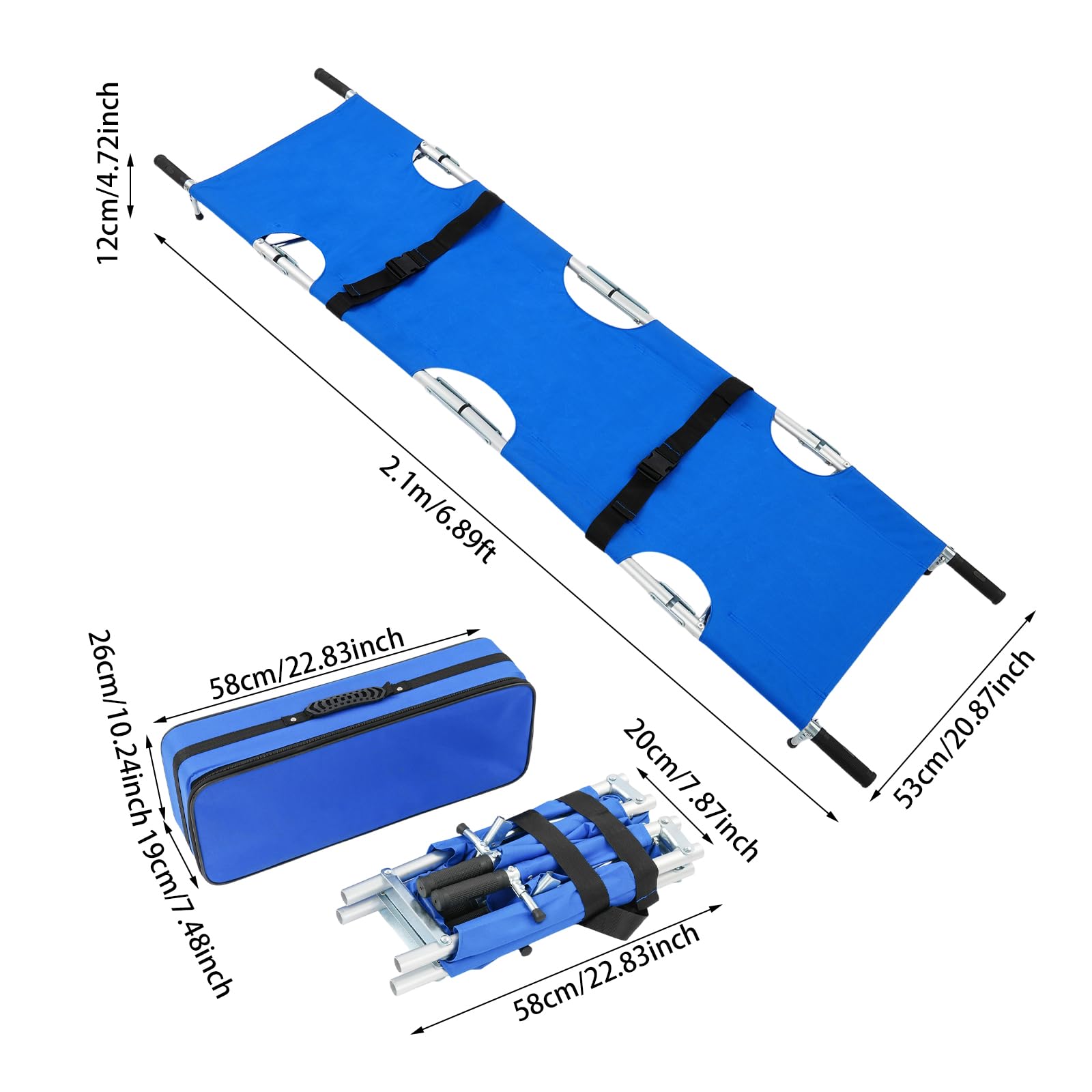 Krankentrage Rettungstrage Krankentrage Tragetuch mit Schnallen Klappbare Notfalltrage Professionelle Erste-Hilfe-Trage für Bergrettung und Ferntransport, 210 * 53 * 12 cm, bis 150kg (Blau)