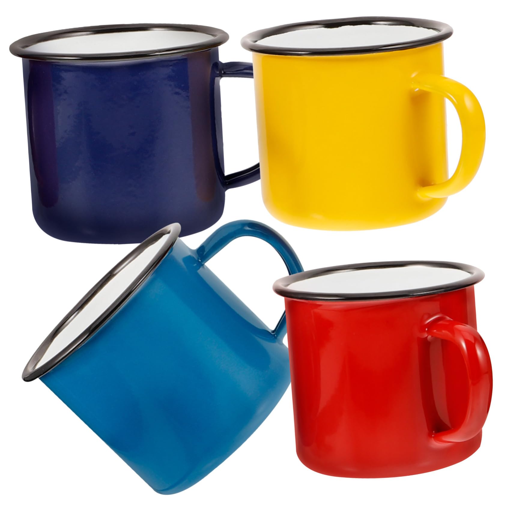 4 Stück Teiliges Vintage Emaille Trinkbecher Retro Camping Becher mit Komfortablem Griff Hitzebeständig und Stabil für Outdoor Picknick Frühstück und Reisen in Rot Gelb Grün Blau