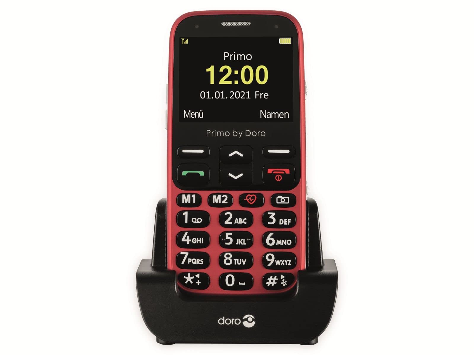 Primo 368 by Doro GSM Mobiltelefon mit froßem Farbdisplay, Fallsensor, Taschenlampe, FM-Radio, Kalender, inkl. Tischladestation, 360086, rot