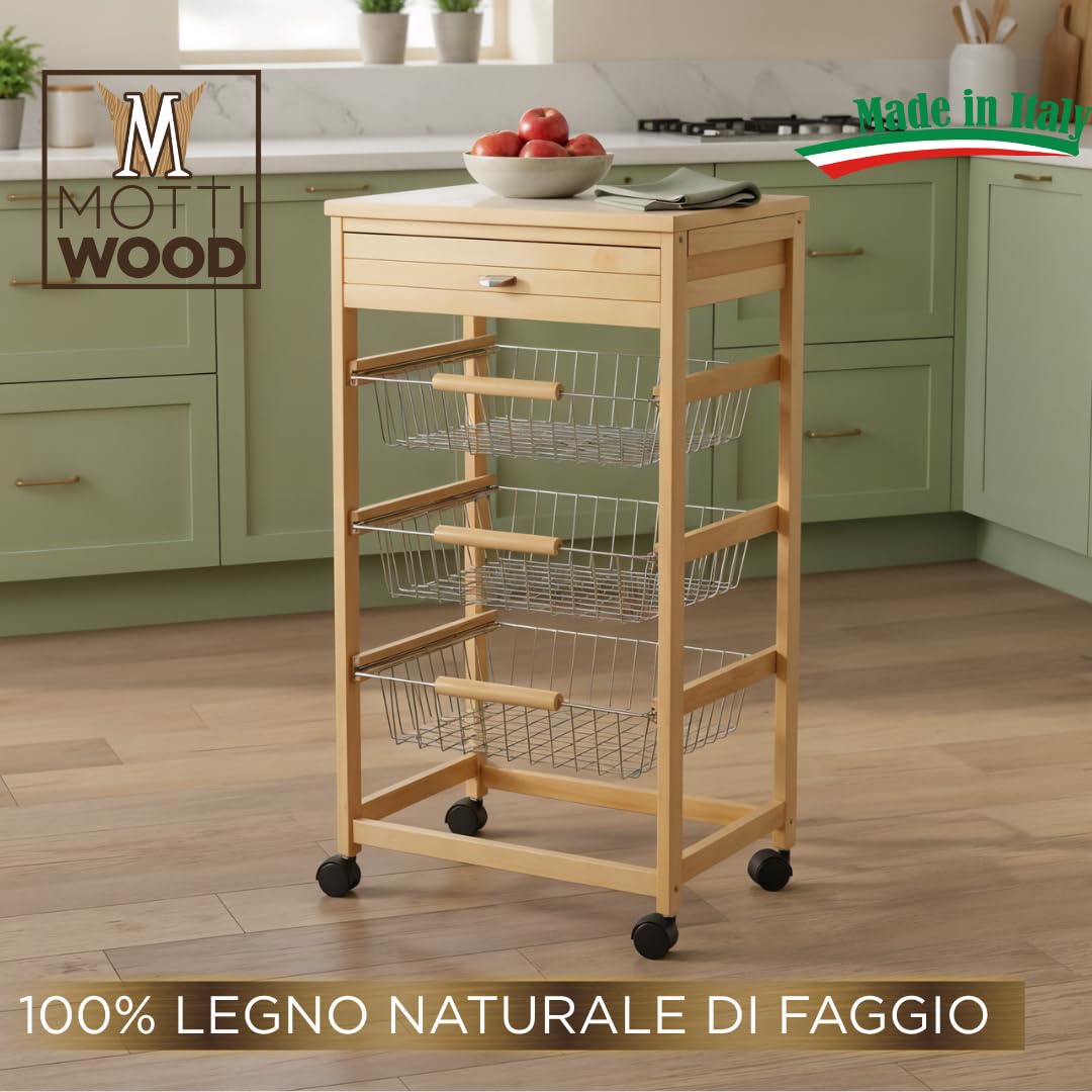 Mottiwood Carrello da Cucina in Legno, Ruote Girevoli, Legno di Faggio, 3 Cassetti Salvaspazio, Dimensiono: L 45.5 x H 87.5 x P 36.5 cm