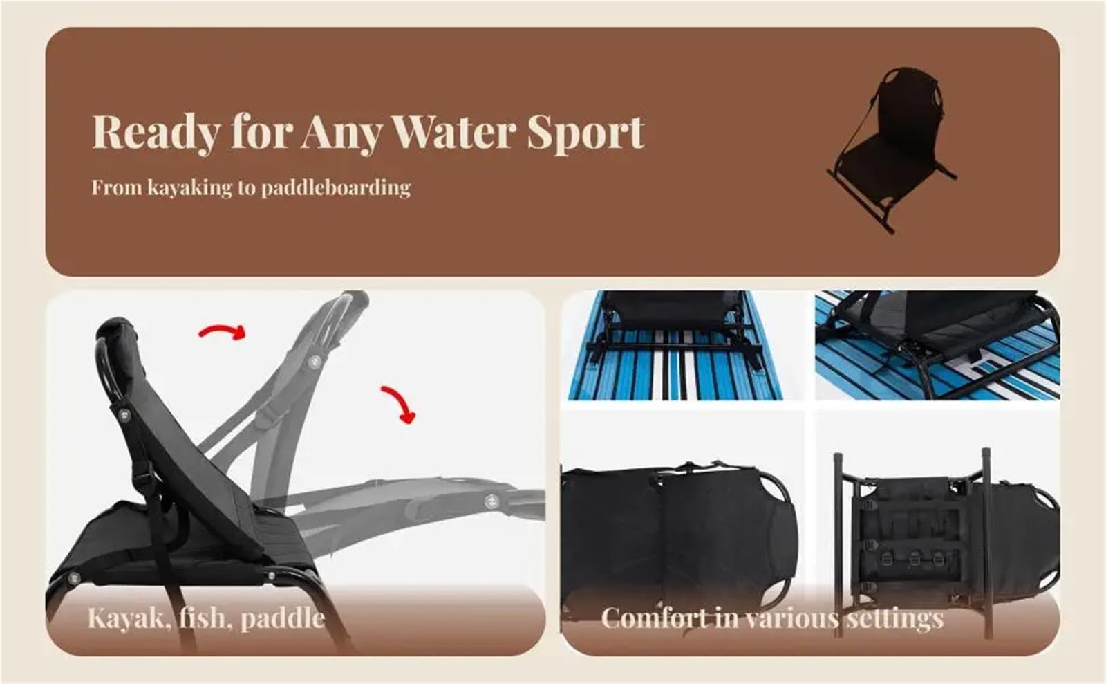 Kompatibel for Kajaks und SUP-Boards | Verstellbare gepolsterte Rückenlehne; leichtes Kissen mit verstärkten Trägern.