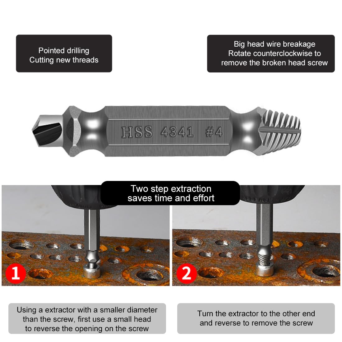 Juego De 4 Extractor De Tornillos Dañados - Acero HSS, Dureza 62-63 HRC, Para Tornillos Rotos O Atascados