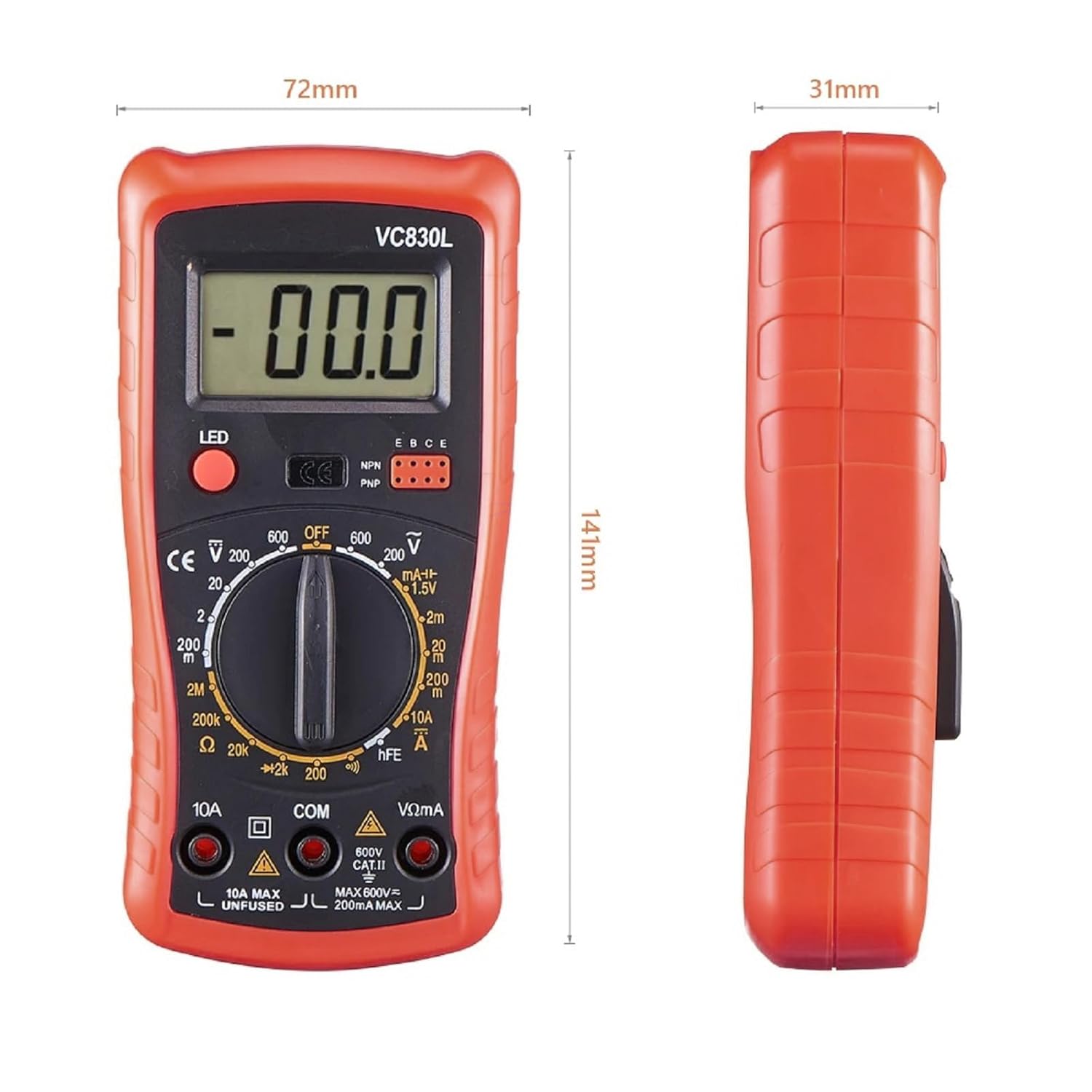 Digital Multimeter with Premium Probes, Measures AC/DC Voltage, Current, Resistance, Diode, Triode, Suitable for Household use, and Industrial use - Red