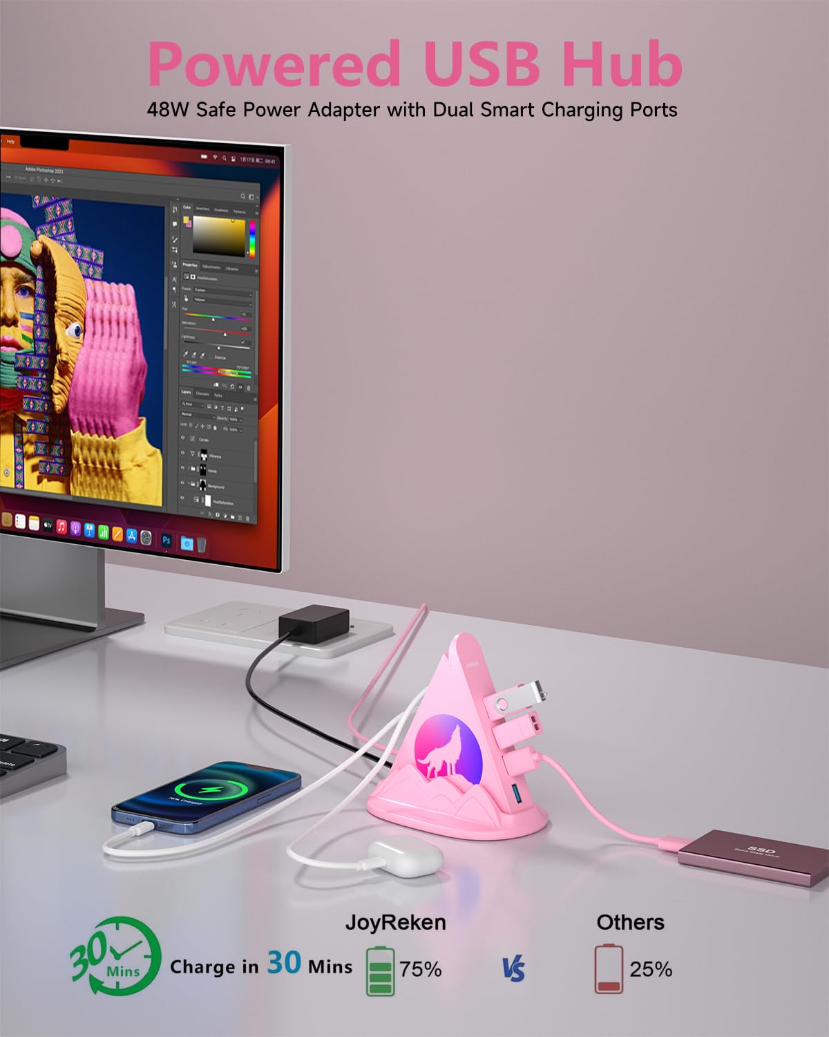 Hub USB 3.0 alimentado con adaptador de CA, concentrador USB de 6 puertos (4 datos + 2 carga rápida), diseño y base RGB Wolf, compatible con PC, portátil, PS4/5, unidad flash, teclado y mouse