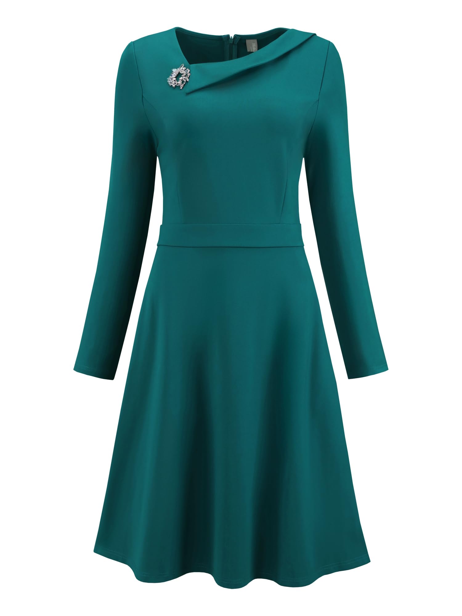 Womens A Line Work Dress Long Sleeve Asymmetrical Neckline Office Flare Dresses