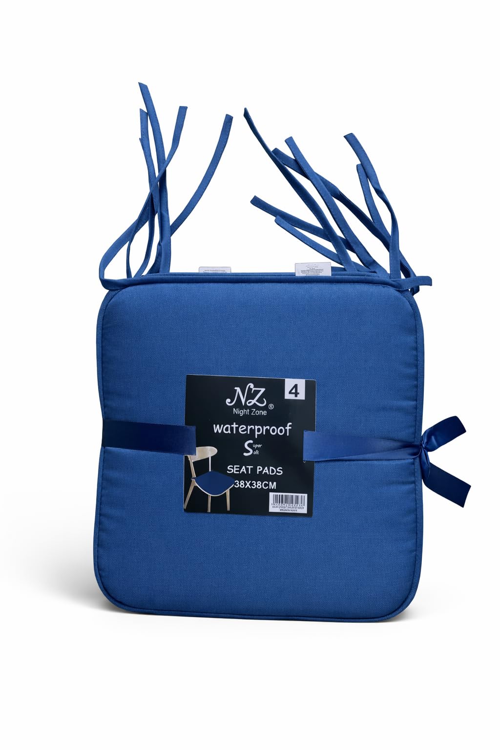 NIGHTZONE Pack of 4 Waterproof Chair Pads Office Garden Chair 38X38 Cm - Indoor Outdoor Square Seat Pads For Dining Chairs - Patio Kitchen Cushion Pads With Ties (4, Navy)