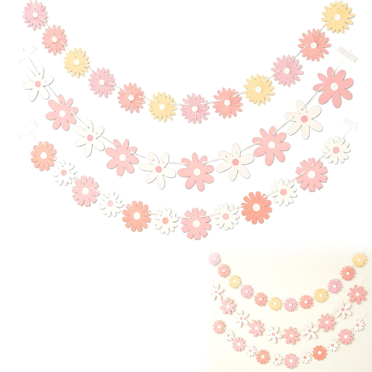 3 Packs Pink Daisy Banner, Daisy Bunting Paper Flower Garland Kids Birthday Decoration Flower Party Decoration for Birthday Party Home Outdoor Decor โ image 1