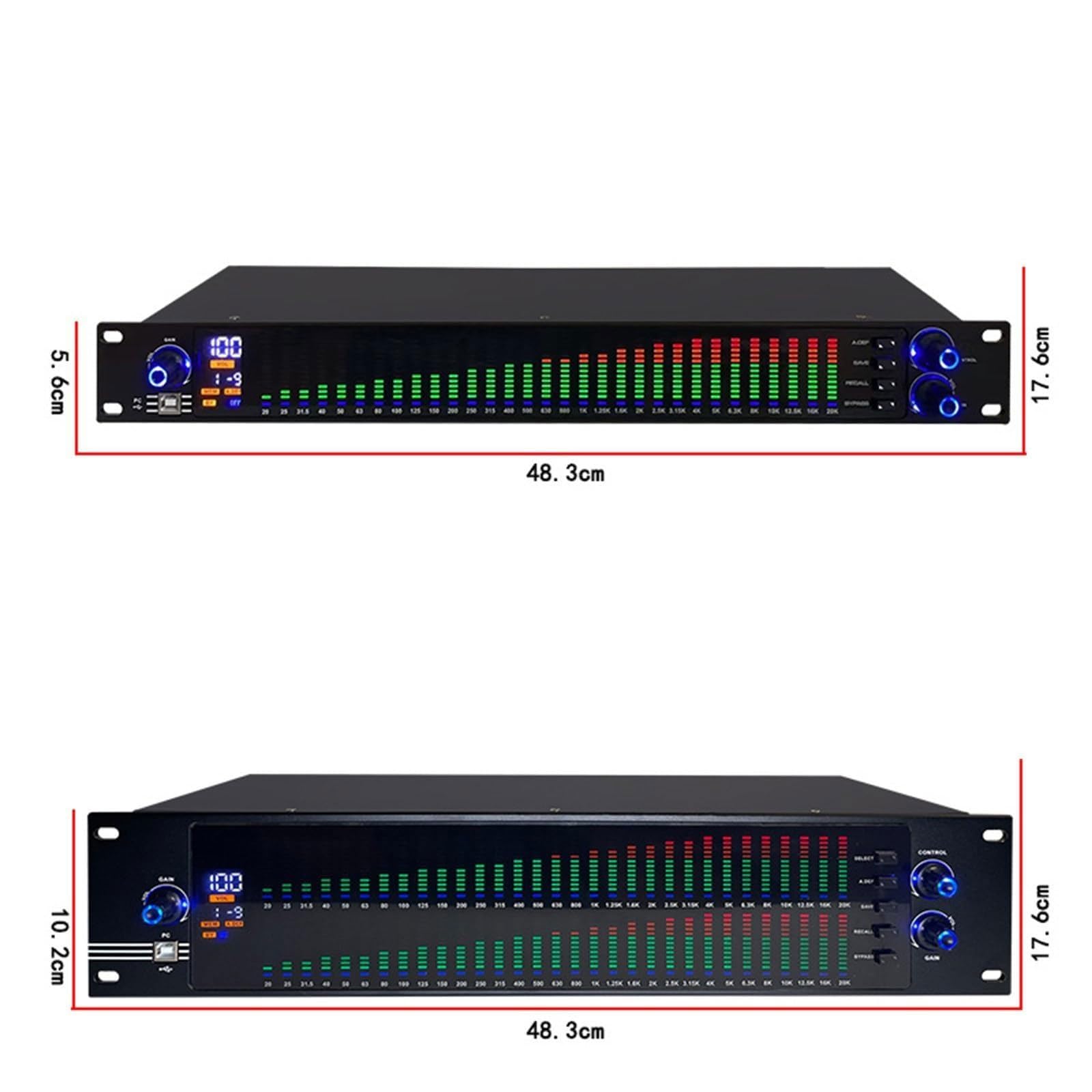 Ecualizador digital de 31 bandas,ecualizador gráfico de audio estéreo,pantalla de espectro LED,chip de procesamiento DSP y reducción de ruido,10 efectos preestablecidos,ajuste de altos,medios y graves