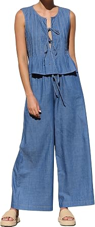 loveimgs Women Summer 2 Piece Denim Set Sleeveless Pleated Tencel Tank Jean Vest Top Tie Wide Leg Denim Palazzo Pants Outfit