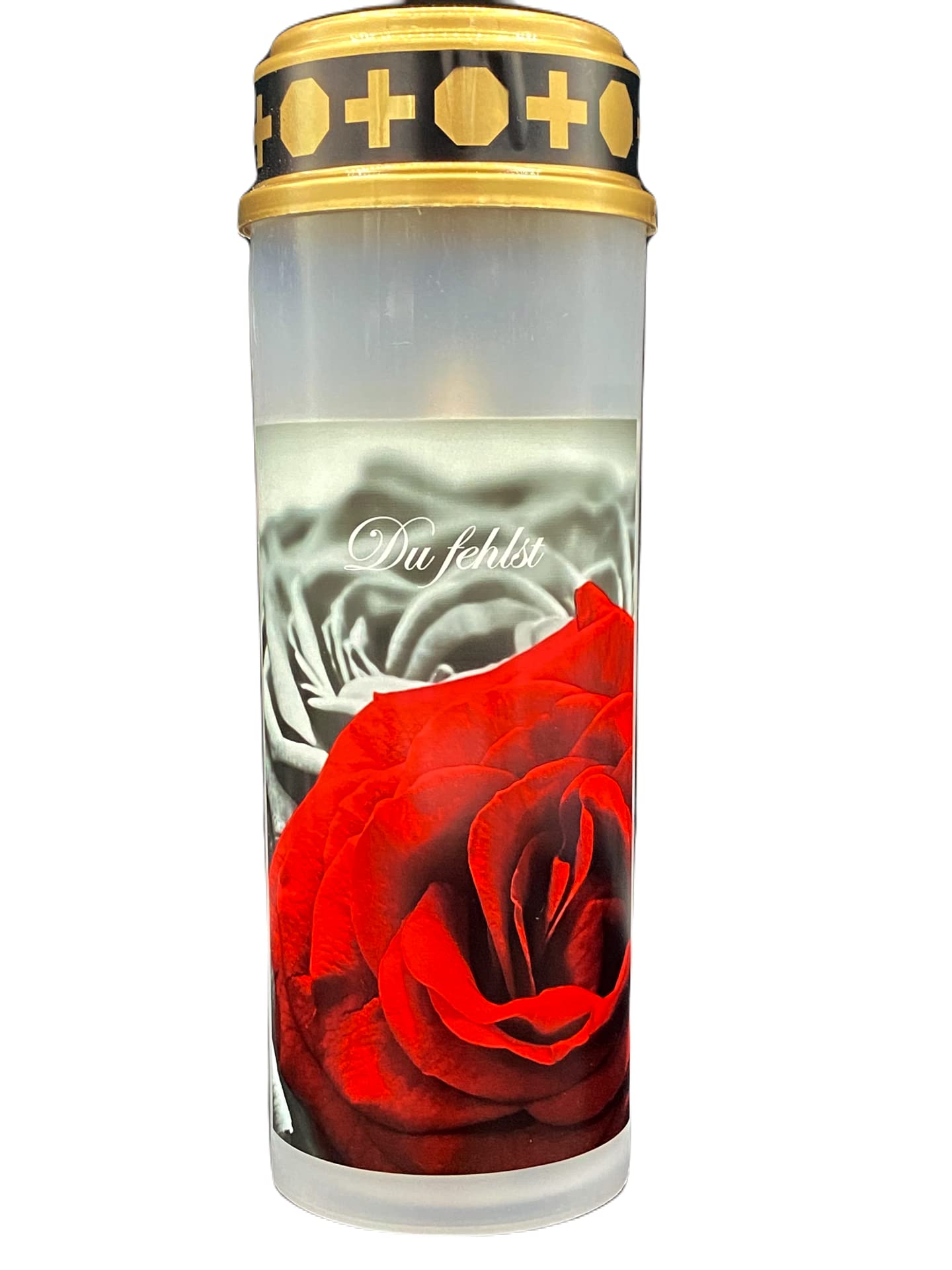 Schlaraffenland große LED Grabkerze mit Motiv, 21 cm hoch, Brenndauer von bis zu 200 Tagen, flackerlicht, Grablaterne Wind und Regenfest, Grablampe (Rose, Du fehlst, weiß) Beleuchtung