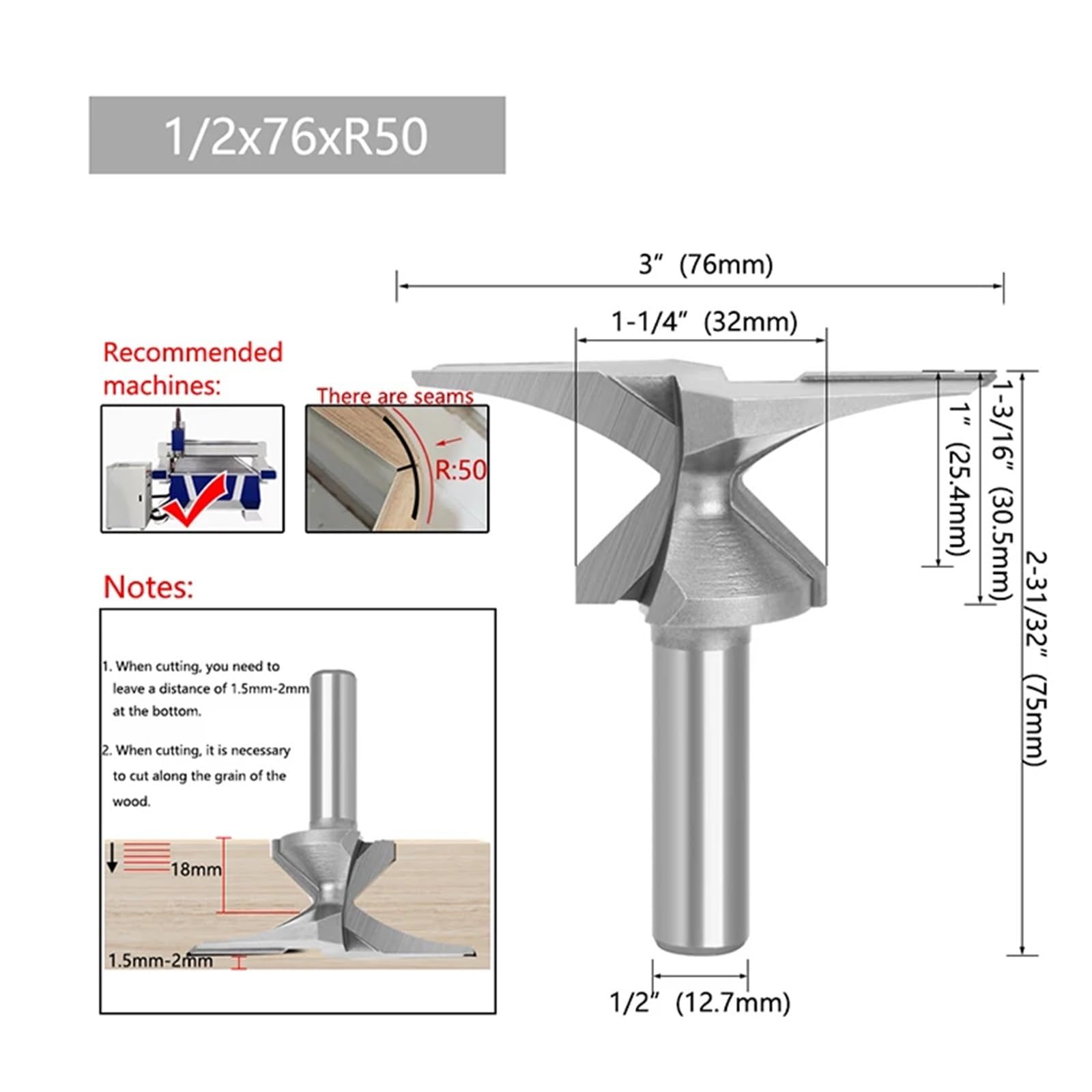 1PC 1/4 uchwyt 1/2 uchwyt łukowy zintegrowany nóż 2 krawędzie, 3 krawędzie ze szwami frez do drewna narzędzie tnące do Tokarki(12.7mm 2 Blades R50)