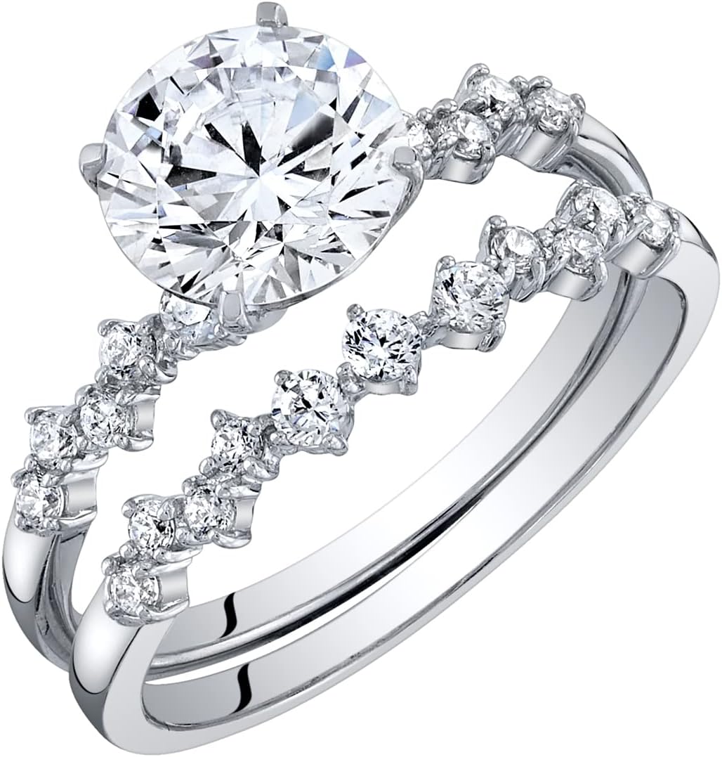 PEORA 1.50 Carats Moissanite Engagement Ring and Wedding Band Bridal Set Scattered Side Stones 925 Sterling Silver, Round Brilliant Shape, D-E Color, VVS Clarity, Size 4, Sparkling Bridal Ring Set,