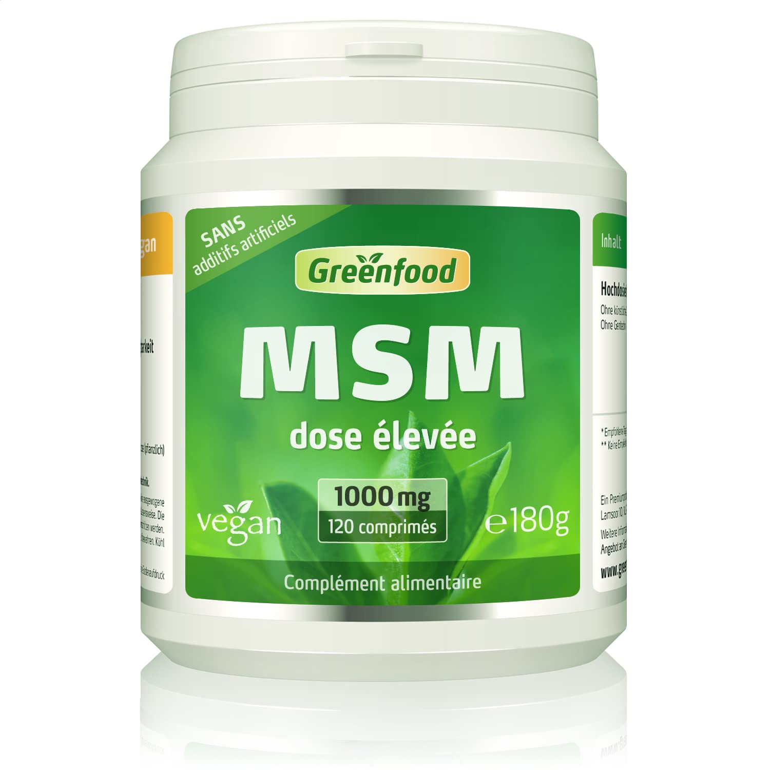Greenfood MSM, 1000 mg, dose élevée, 120 comprimés, Vegan - Haute disponibilité. SANS additifs artificiels.