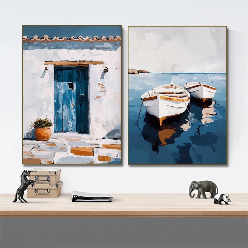 GOSRD Tableau sur toile, affiche imprimée, motif de porte de bateau côtier dans un village grec, décoration murale pour salon (60 x 85 cm - 2 pièces)