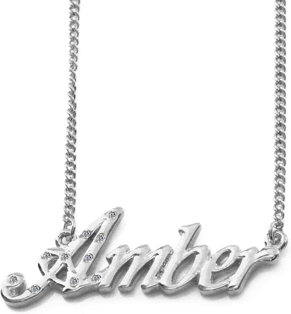Amber Name Necklace 18K White Gold Plated Personalized Dainty Necklace - Jewelry Gift Women, Girlfriend, Mother, Sister, Friend, Gift Bag & Box