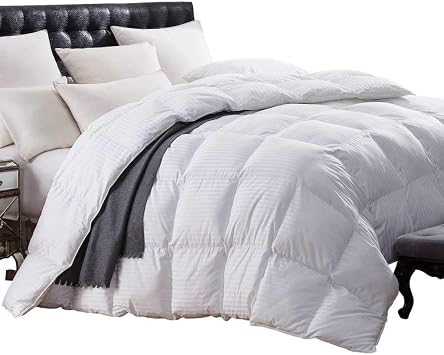 King Size Siberian Goose Down Comforter, 100% Egyptian Cotton, White Stripe, 50Oz