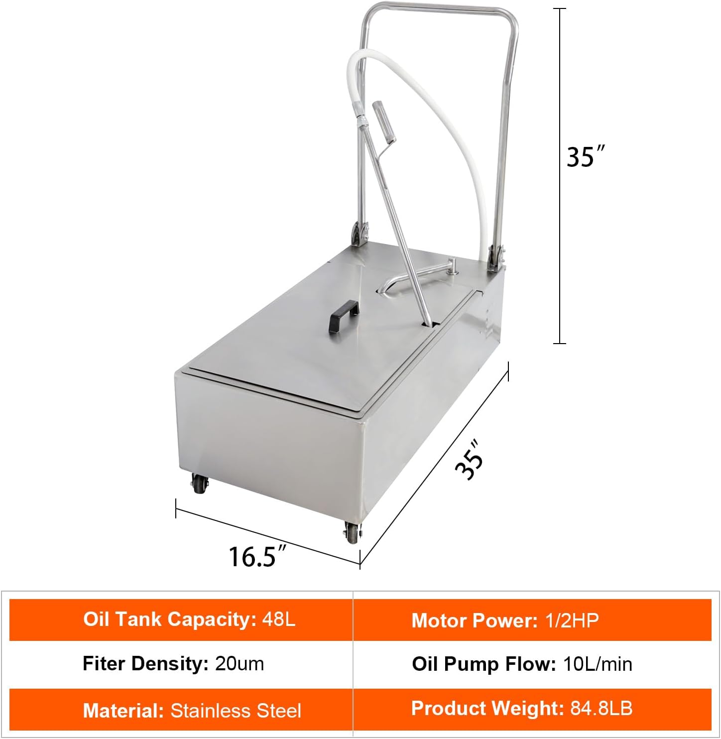 Foldable Deep Fryer Filter Machine 48L/12.7Gal Mobile Fryer Oil Filter Truck with 10L/min Oil Filtration Speed, Commercial Oil Filtering System for Restaurant & Supermarket, 1/2 HP, 110V/60Hz