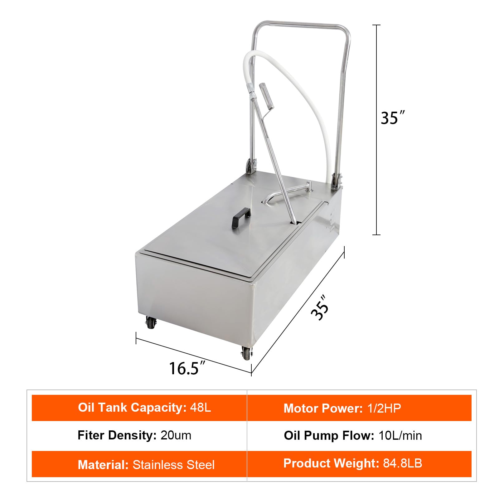 EASYROSE Foldable Deep Fryer Filter Machine 48L/12.7Gal Mobile Fryer Oil Filter Truck with 10L/min Oil Filtration Speed, Commercial Oil Filtering System for Restaurant & Supermarket, 1/2 HP, 110V/60Hz