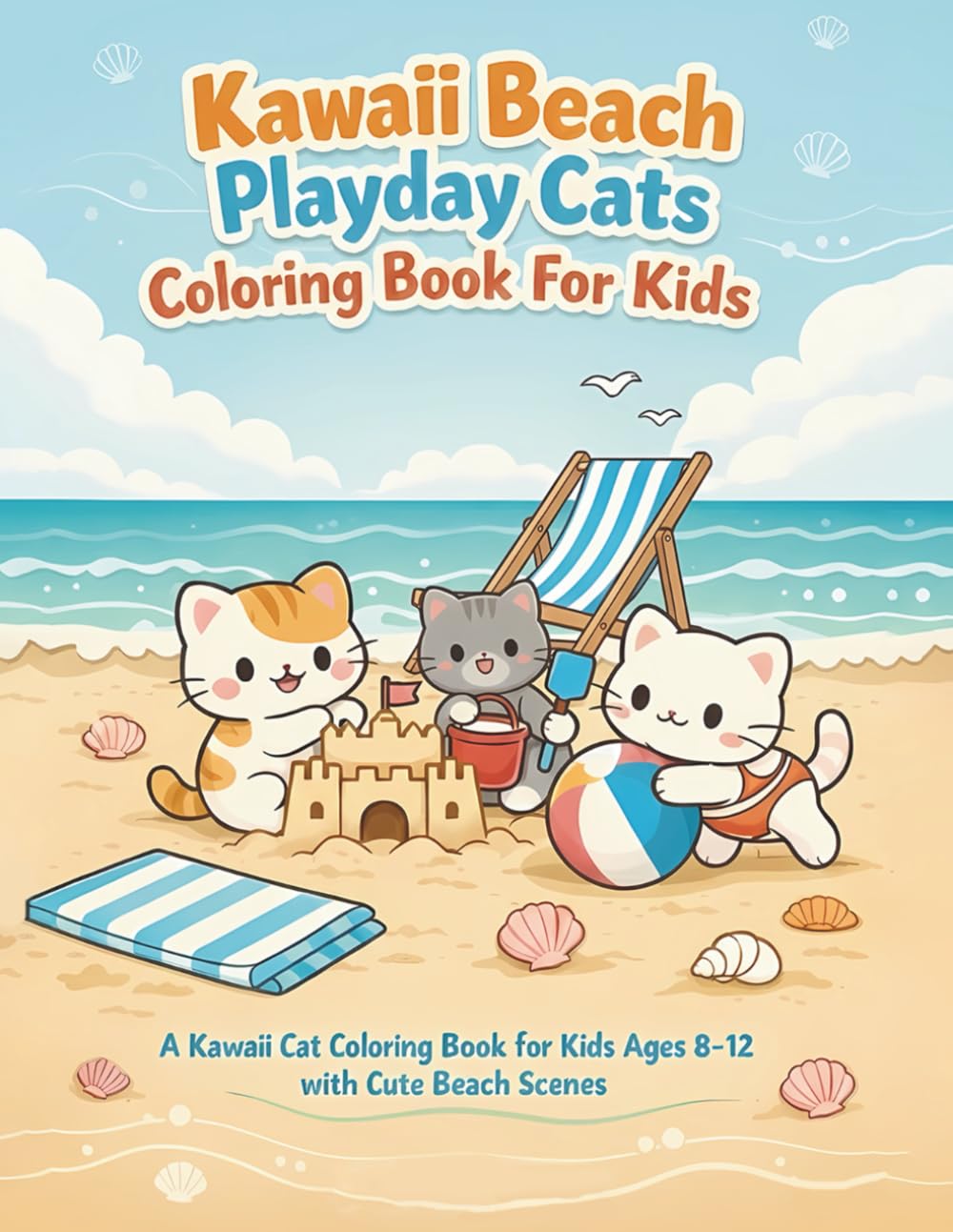 Kawaii Beach Playday Cats Coloring Book For Kids: A Kawaii Cat Coloring Book for Kids Ages 8-12 with Cute Beach Scenes