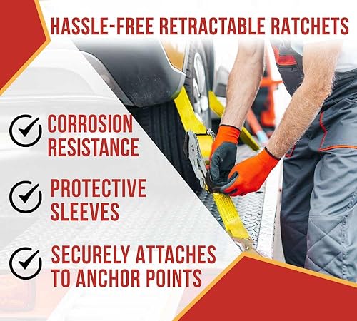 Vista 34 de Mytee Products Paquete de 4 correas de trinquete retráctiles de 1 pulgada x 12 pies con gancho en S recubierto de zinc para motocicletas, Naranja