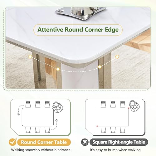 Miniatura 3 de Juego de mesa de comedor para 6, mesa y sillas de cocina blancas brillantes, juego de mesa de cocina de 63" con calcomanías de mármol para 6 con