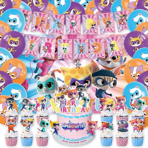 42Pcs Super Kitties Party Supplies Pack IncludesBannerCake TopperBlackdrop Balloons for Super Kitt party Decoration