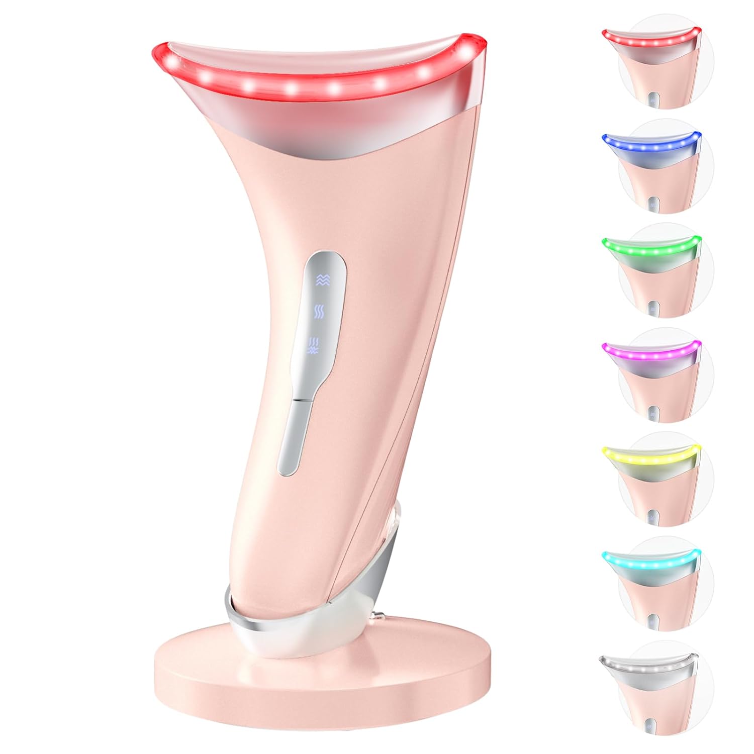 7 Color Light Therapy Facial Massager with Adjustable Vibration and Thermals for Wrinkles, Double Chin, Red Light Skin Care Tool with Base, Pink 7 Color Light Therapy Facial Massager with Adjustable Vibration and Thermals for Wrinkles, Double Chin, Red Light Skin Care Tool with Base, Pink