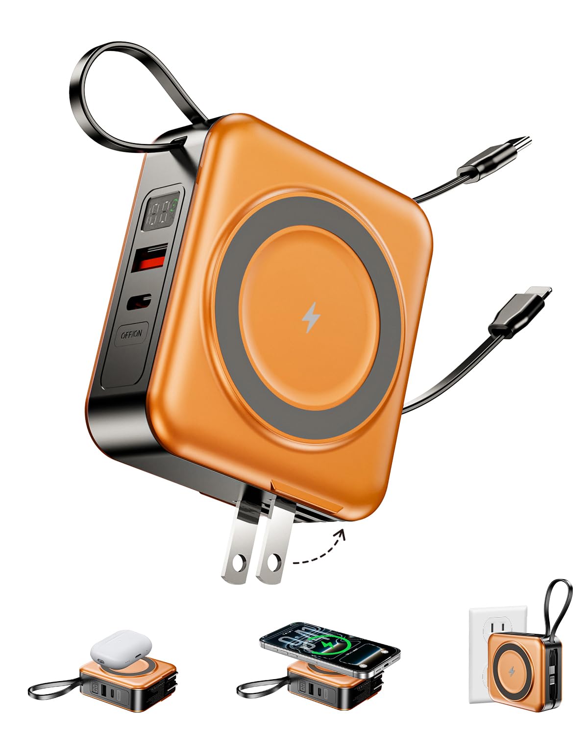 6-in-1 for Magsafe Portable Charger with Built-in Cables & Wall Plug,10000mAh Magnetic Wireless Power Bank,22.5W Fast Charging USB C Battery Pack,Travel Essentials for iPhone 17/16/15/14/13/12,Orange - 1