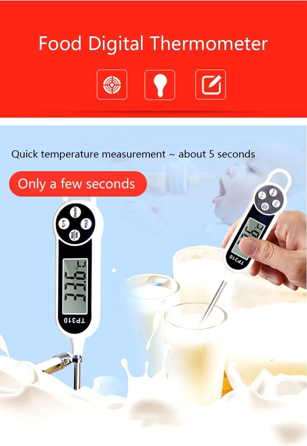 Termómetro Digital de Lectura instantánea a Prueba de Agua para cocinar, Barbacoa, Asar a la Parrilla, Hornear y Carne, Viene con Clip de Bolsillo y Pantalla LCD Grande para una fácil Lectura