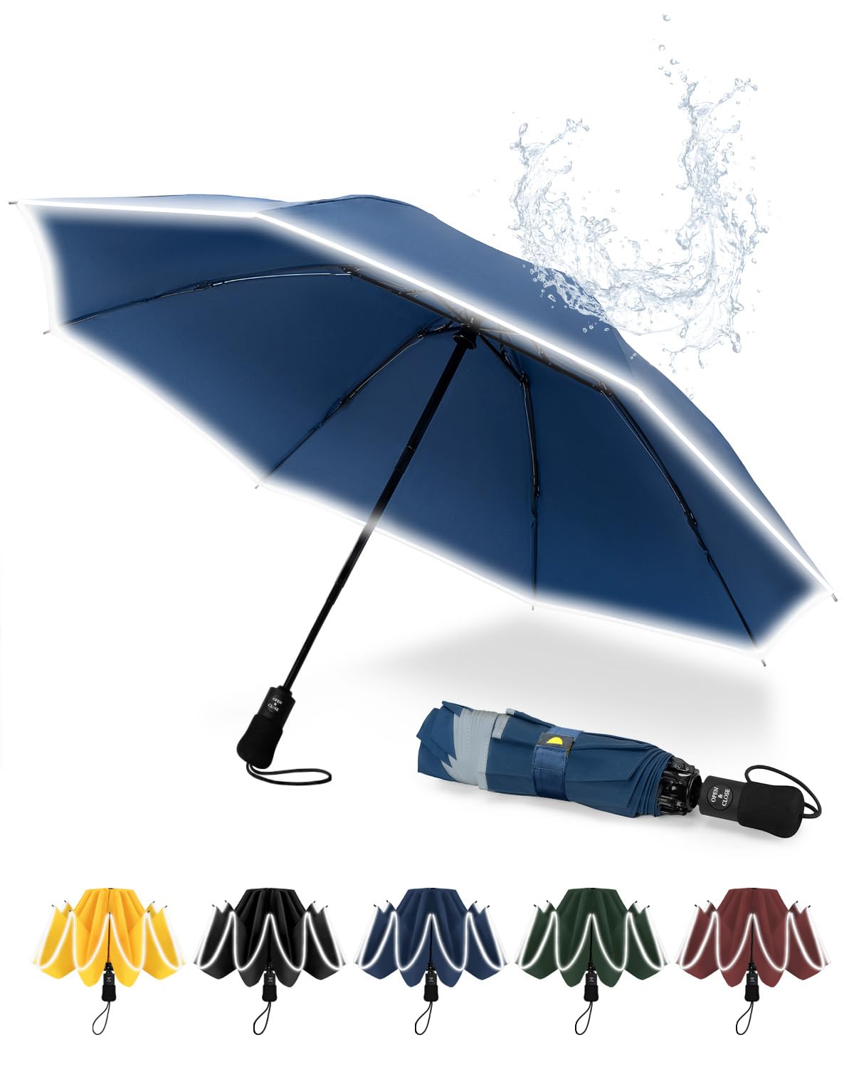 Chakipee Umbrella Windproof Strong Compact Automatic Umbrellas - Umbrella for Men and Women, Portable Folding Umbrella for Travel with Reflective Stripes - Fits Car & Backpack for Wind and Rain