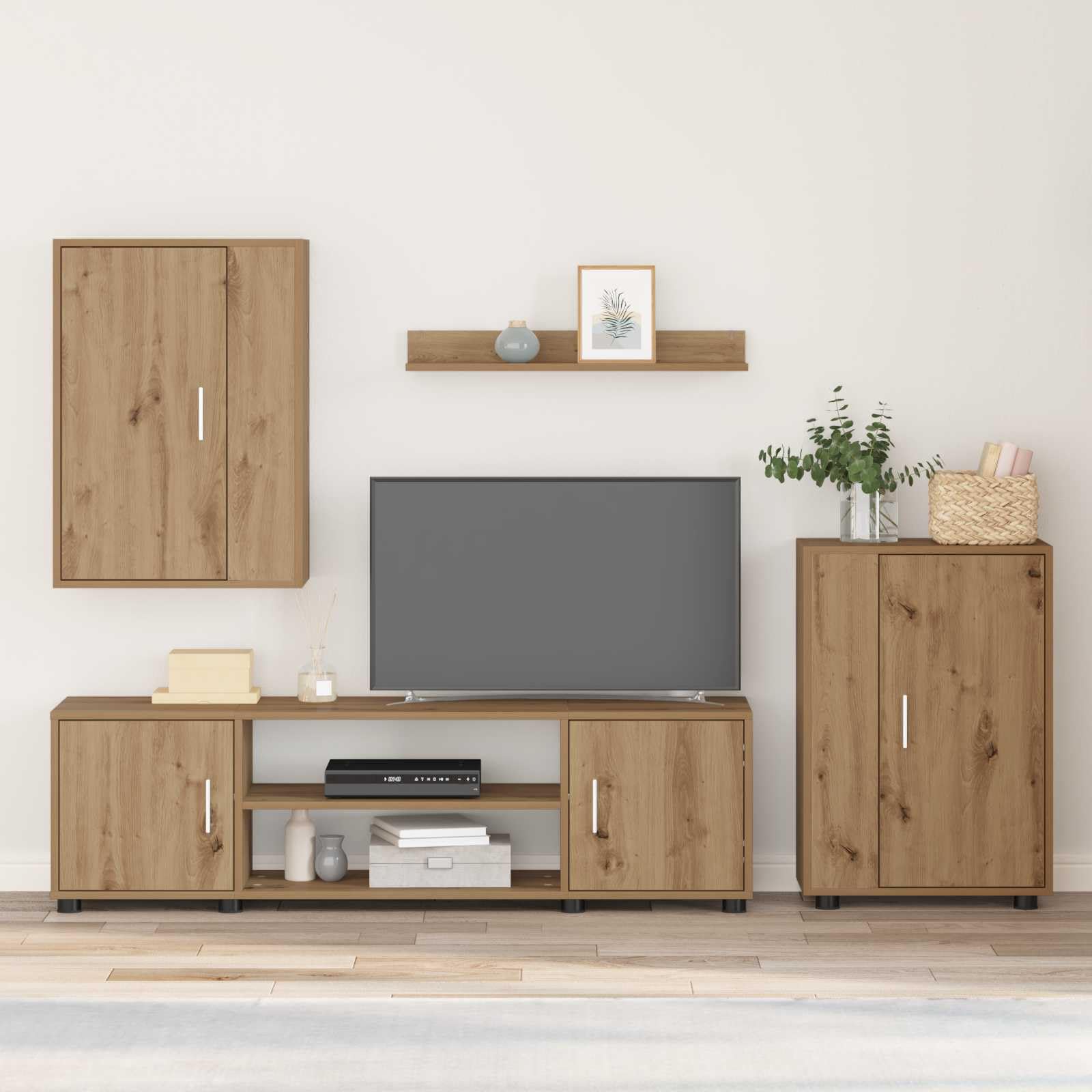 TV-Schrankset Wandmontiert 4-teilig, Artisan-Eiche Holzwerkstoff, Modernes Media Center für Wohnzimmer, Elegante Aufbewahrung, Robuster Fernsehschrank