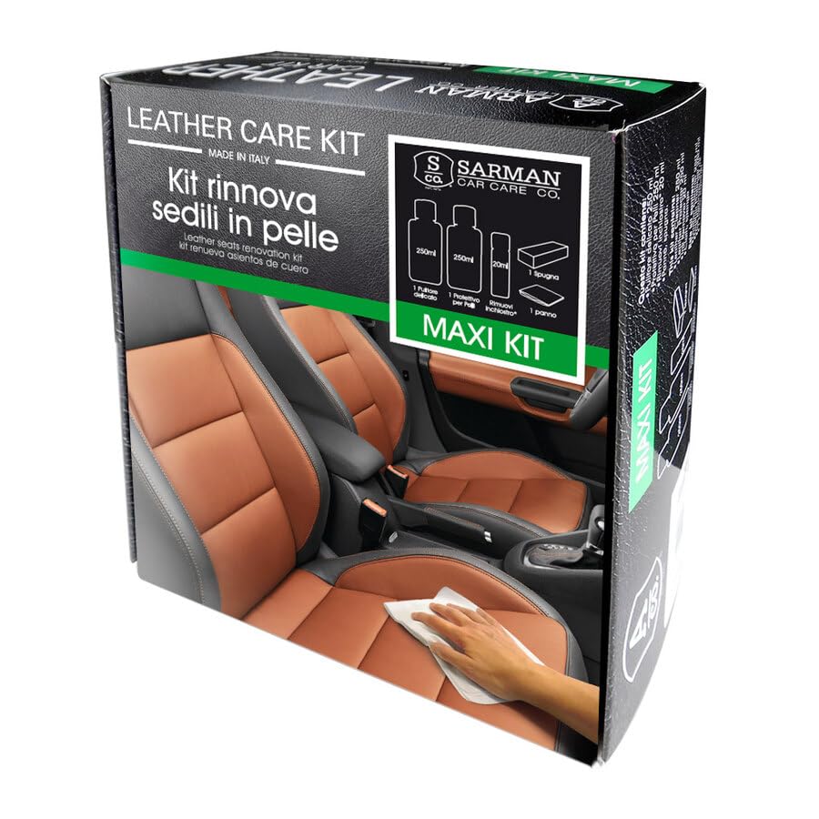 SARMAN 1592364 Kit Completo Pulizia e Protezione Interni Auto in Pelle | Detergente Delicato | Crema Protettiva Antimacchia a Base Acquosa (2x250ml)