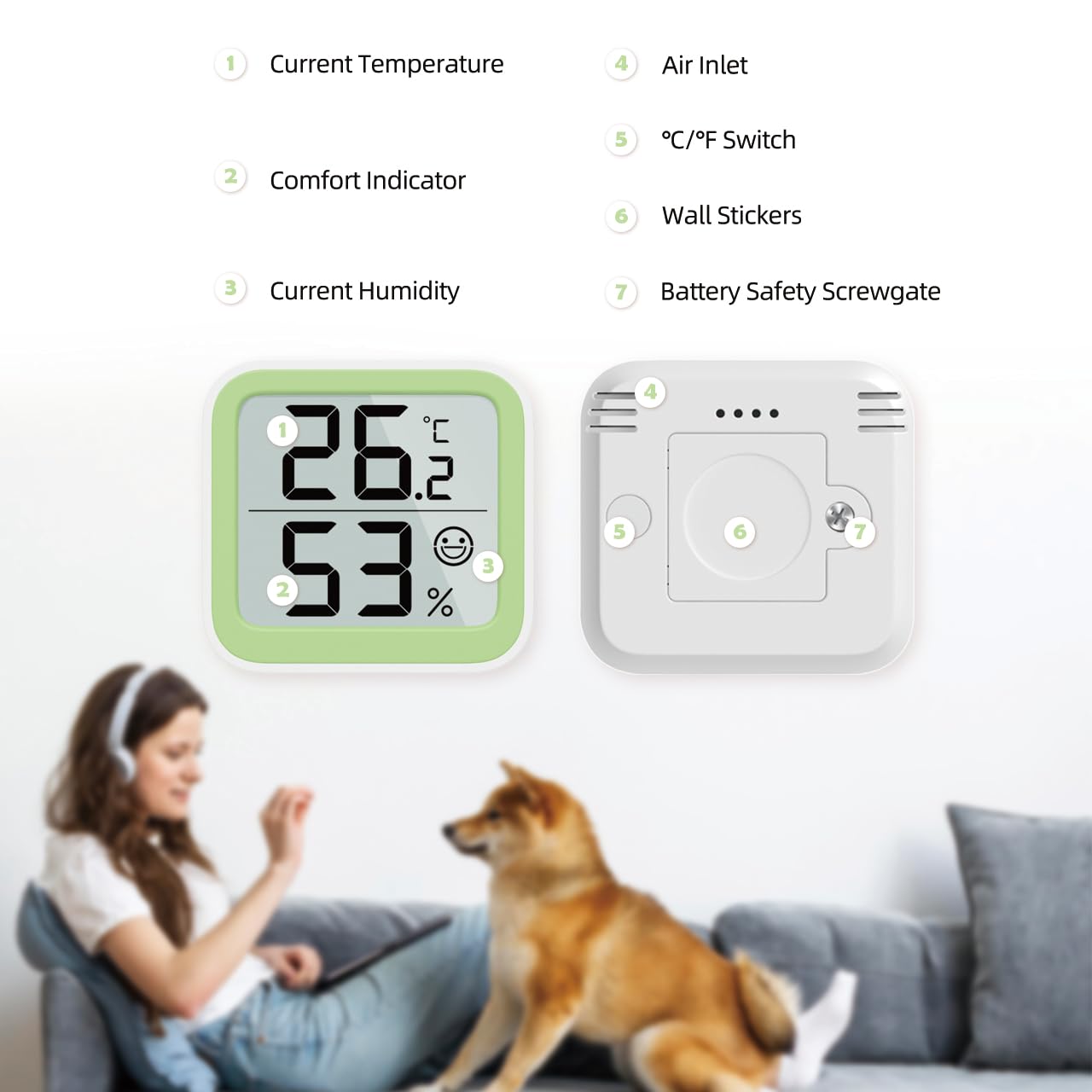 NOKLEAD Termometro Misuratore di umidità Interno Mini igrometro Monitor Dispositivo di misurazione della temperatura ambiente con icona facciale Indicatore di comfort (2, Verde, 5cm)