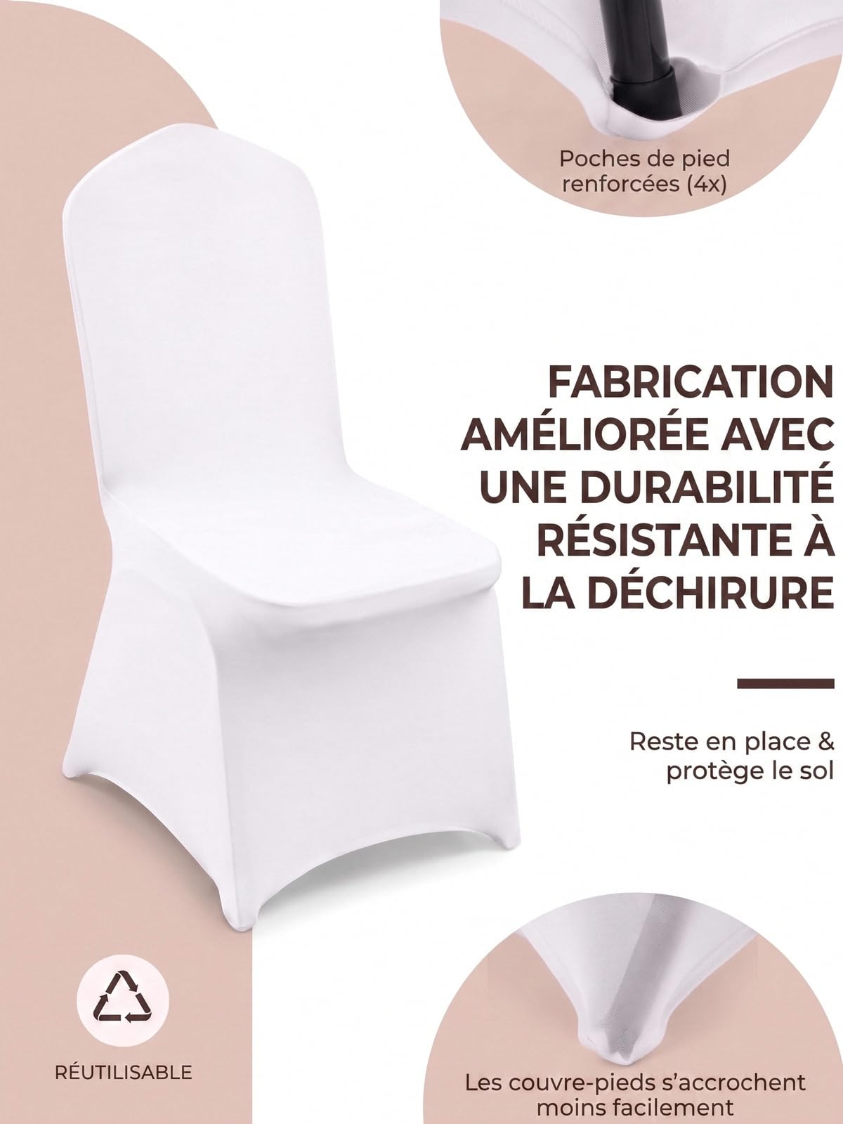 Housses de Chaise Pliantes Extensibles 50 Pièces, Blanches en Polyester et Élasthanne, pour Chaises sans Bras, Amovibles et Lavables, Idéales pour Mariage, Banquet, Fête, Célébration, Salle à Manger