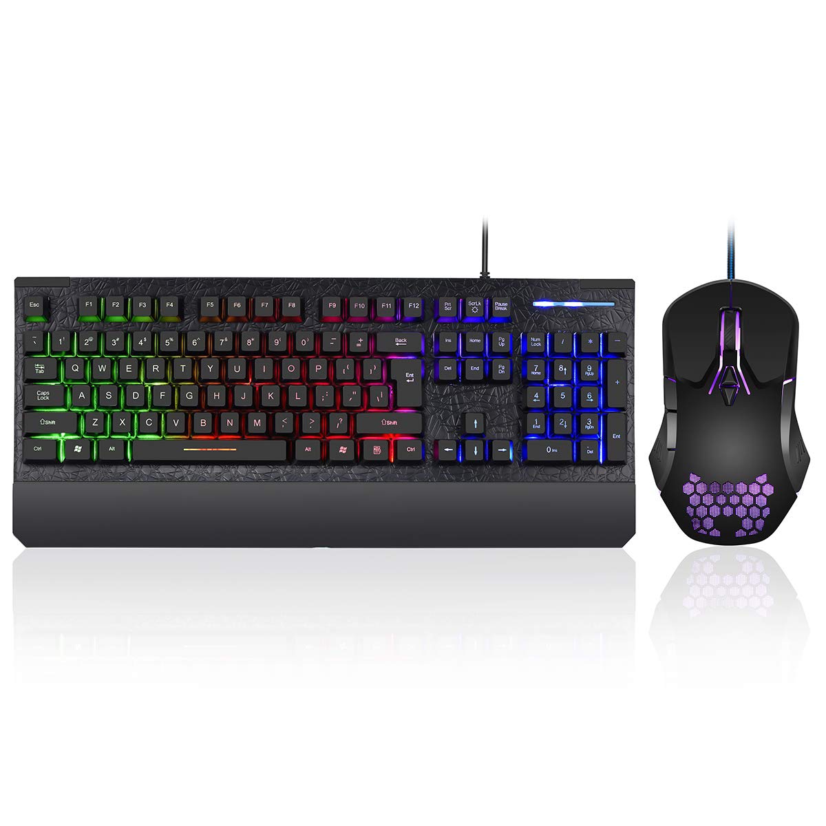 Gaming Keyboard and Mouse Combo Colorful lights Rainbow LED Backlit Keyboard with Ergonomic Detachable Wrist Rest, Programmable 3000 DPI 7 Button Gaming Mouse for Windows PC Mac Gamer,Office/Gaming - BLACK