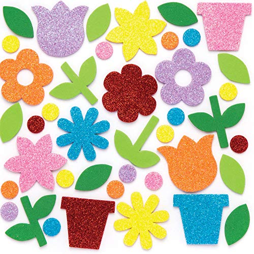 Baker Ross AW337 Flower Garden Glitter Stickers - Pack of 156, Self Adhesives, Perfect for Children to Decorate Collages and Crafts, Ideal for Schools, Craft Groups, Party Crafting, Home