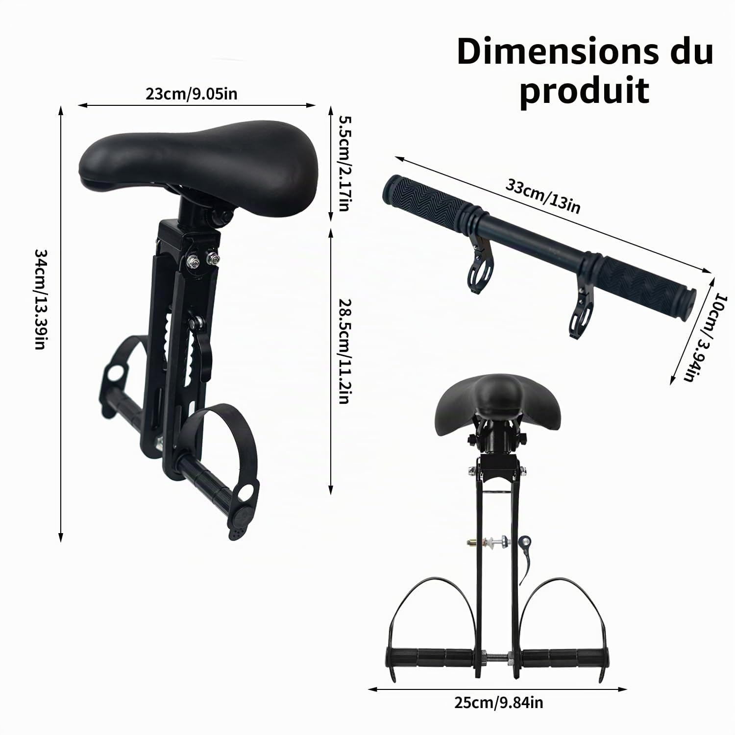 Siège de vélo avant pour enfants avec fixation de guidon, siège de vélo pour enfants de 2 à 5 ans, siège de vélo amovible pour tous les vélos de montagne (jusqu'à 21,8 kg)