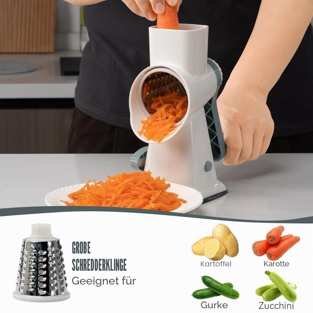 KEOUKE Käsereibe Mit Kurbel Trommelreibe Reibe Mit Griff Gemüse Käse Shredder Slicer Reibe Für Küche 3 Wechselklingen Für Käse Kartoffel Zucchini Nüsse Schokolade (Weiß - Blau)