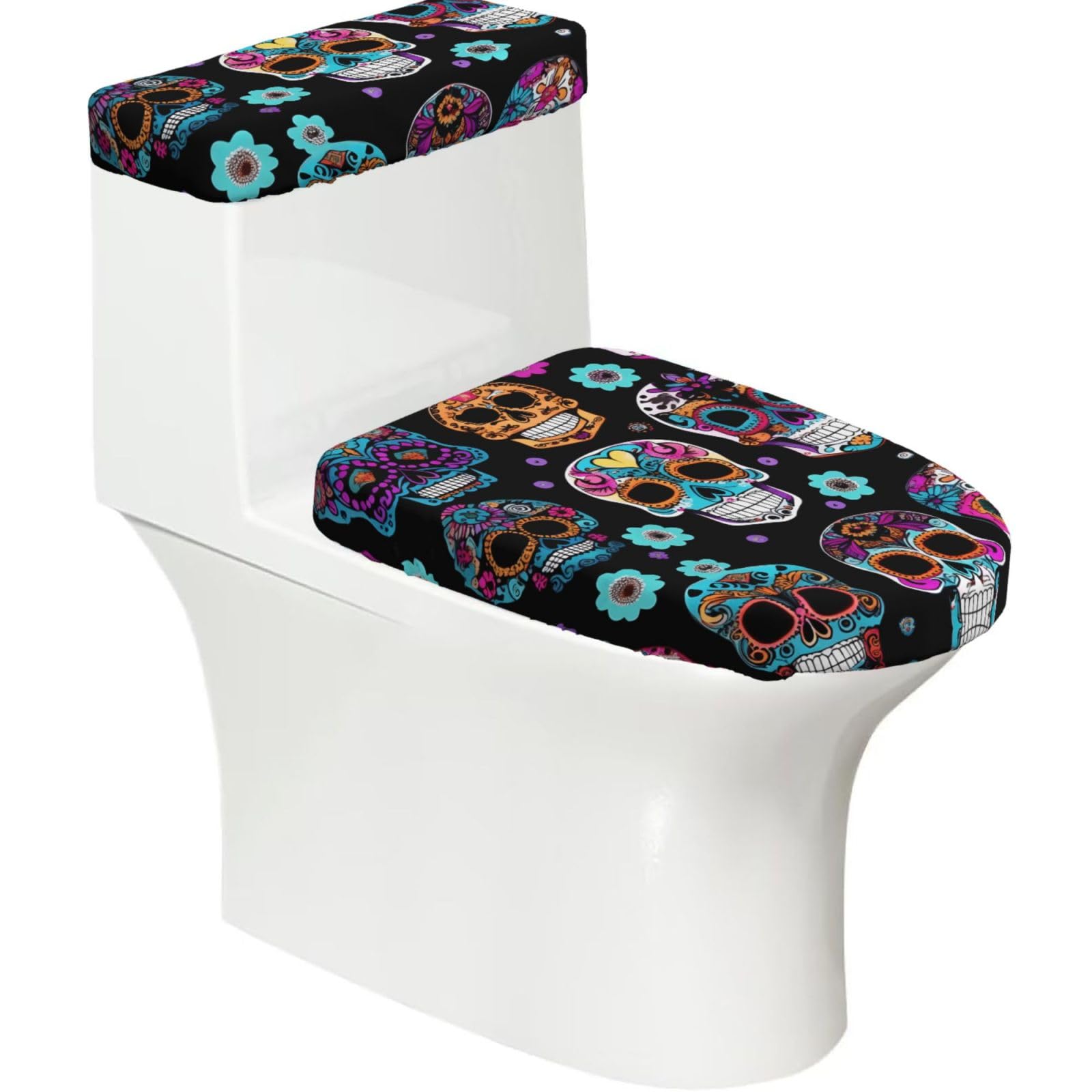 Sugar Skull Printed Toilet Tank and Lid Cover Set of 2 for Most Bathrooms, Fits Elongated Round Toilets