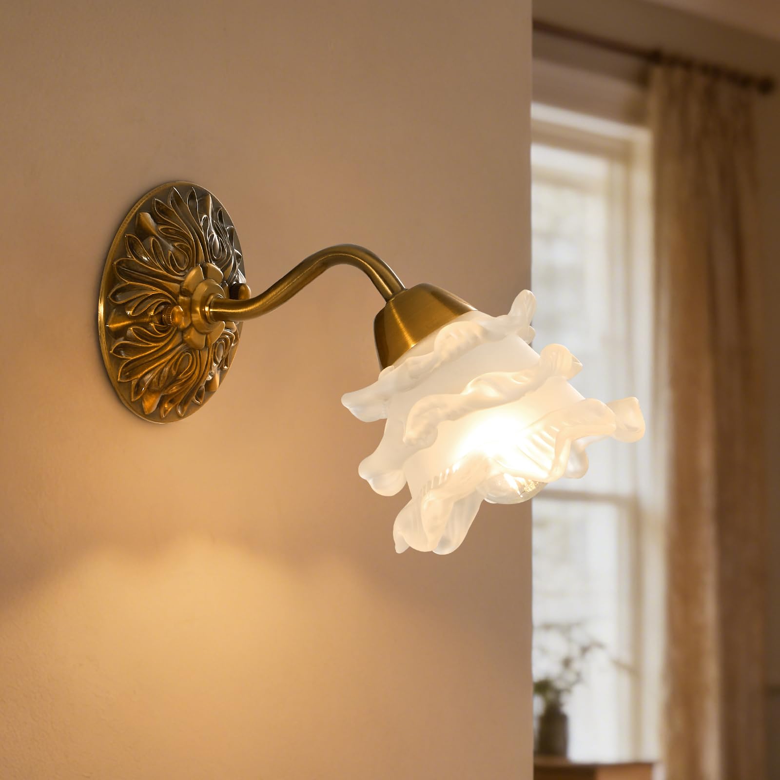 Lampa ścienna w stylu retro, w kształcie kwiatów, w stylu vintage, szklany klosz, E26, w stylu vintage, okablowana, do sypialni, łazienki (żarówki LED w zestawie)