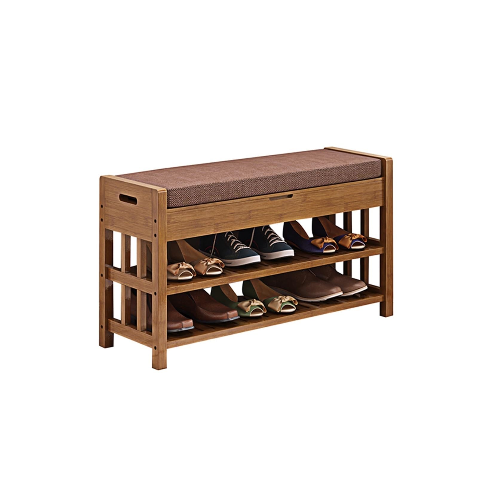MYUYEE Shoe Bench Entryway- Shoe Bench Bamboo, 3-Tier Shoe Orga With Cushion, Shoe Rack Bench For Entryway, Removable Seat Cushion Bench, Ideal For Hallway, Living Room, Bedroom(80 * 29 * 49Cm)