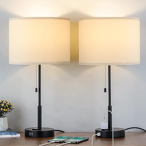 Juego de 2 lámparas de mesa con puertos de carga USB, lámparas de noche con una salida de CA de 3 puntas, lámparas de mesita de noche con pantalla